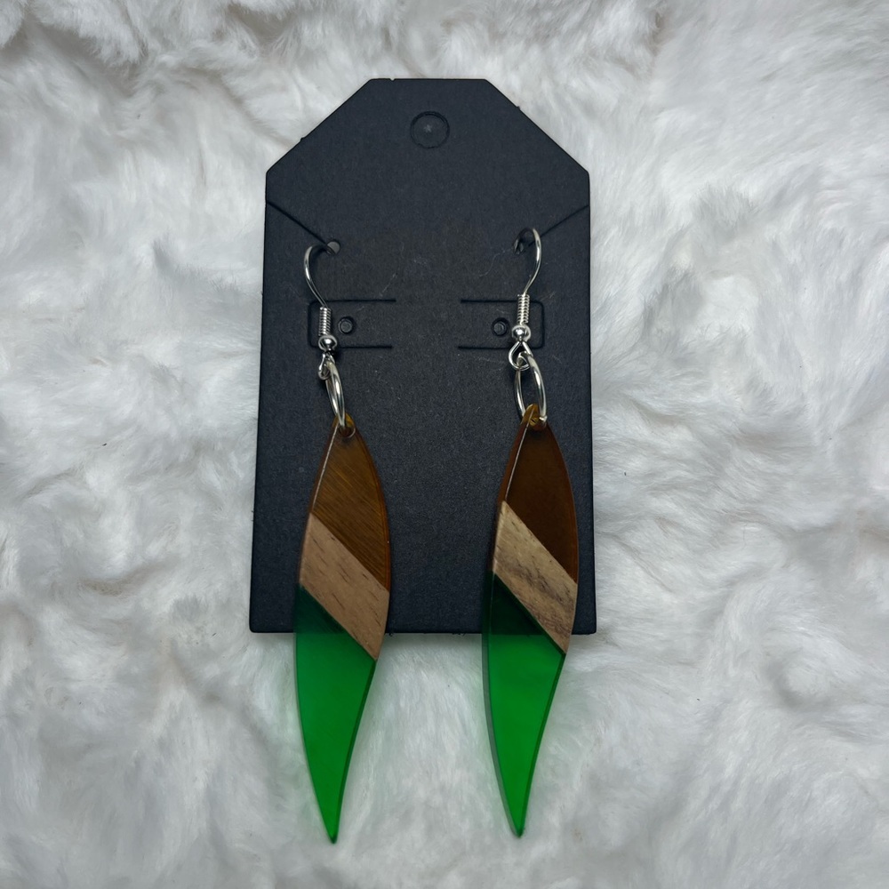 Dangle Resin Wood Leaf Earrings